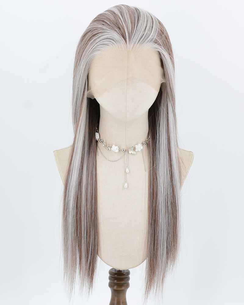 Brown Skunk Stripe Silver Synthetic Lace Front Wig WW1049