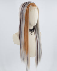 Grey Skunk Stripe Brown Black Straight Synthetic Lace Front Wig WW622