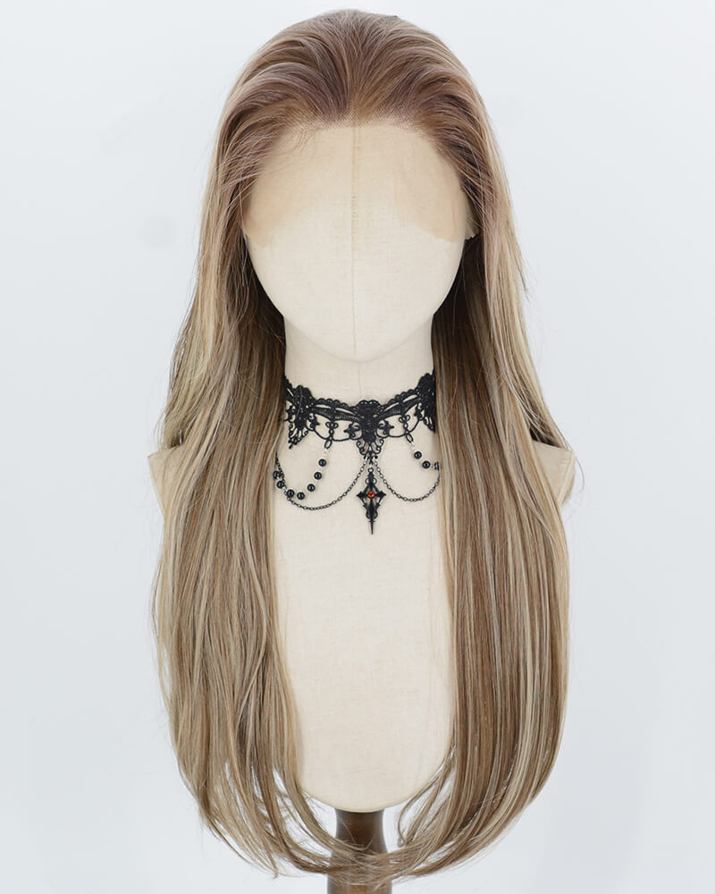 Brown With Beige Blonde Highlights Synthetic Lace Front Wig WW1070
