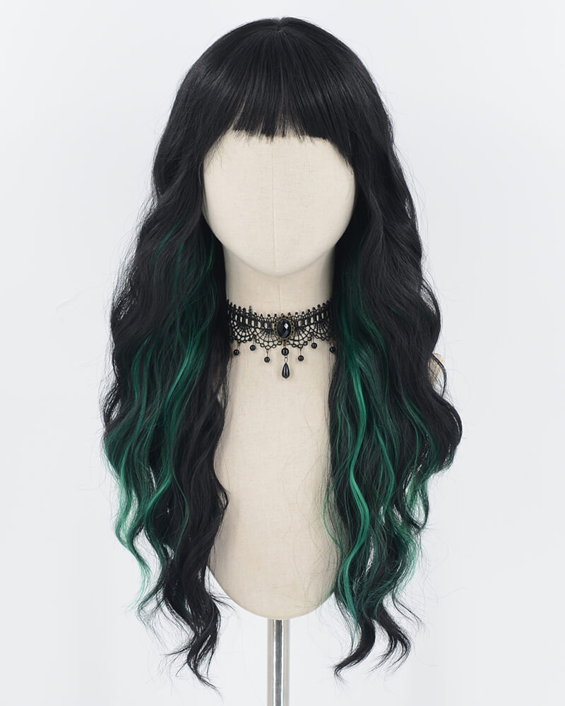 Black Green Wavy Synthetic Wig HW477