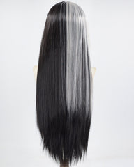 Grey Black Long Straight Synthetic Lace Front Wig WW674