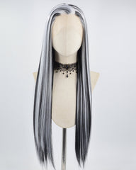 Long Black Streaks White Synthetic Lace Front Wig WT233