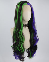 Green Purple Black Long Wavy Synthetic Lace Front Wig WW576
