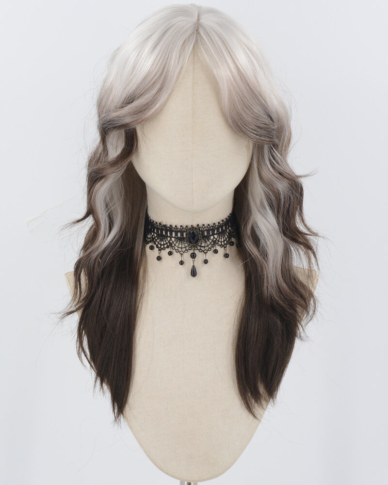 Silver Grey Ombre Brown Wavy Synthetic Wig HW718