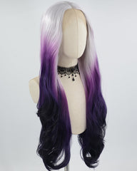 Silver Grey Ombre Purple Wavy Synthetic Lace Front Wig WW644