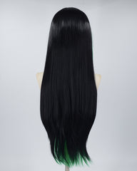 Green Streaked Black Long Straight Synthetic Lace Front Wig WT224