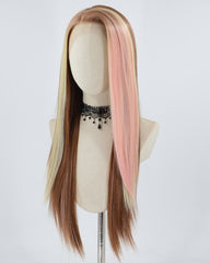 Brown Skunk Stripe Pink Blonde Synthetic Lace Front Wig WW621