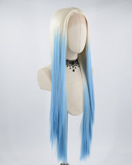 White Blonde Ombre Blue Long Straight Synthetic Lace Front Wig WW506