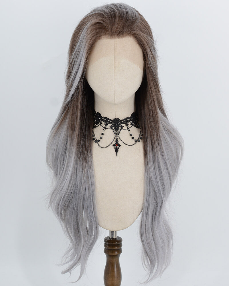 Brown Ombre Grey Blue Synthetic Lace Front Wig WW1064
