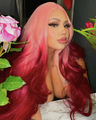 Long Wavy Pink Ombre Wine Red Synthetic Lace Front Wig WT225
