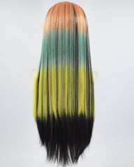 Ombre Orange Green Yellow Black Synthetic Lace Front Wig WT256