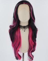 Hot Pink Black Long Wavy Synthetic Lace Front Wig WW769