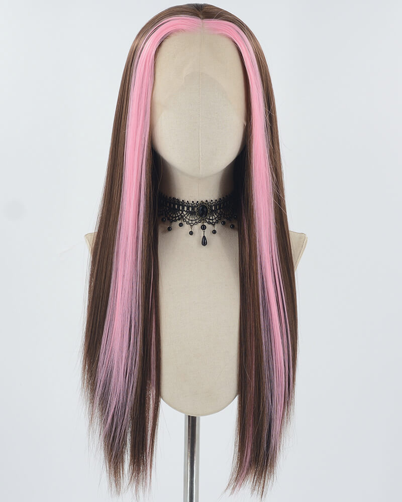 Pink Brown Long Straight Synthetic Lace Front Wig WW768