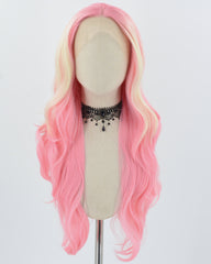 Pink Ombre Blonde Long Wavy Synthetic Lace Front Wig WW772