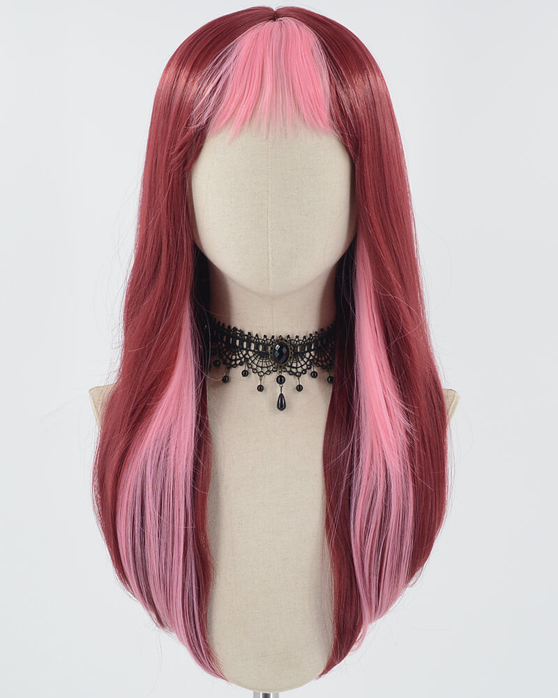 Pink Bangs Wine Red Synthetic Lace Front Wig WW778