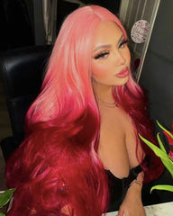 Long Wavy Pink Ombre Wine Red Synthetic Lace Front Wig WT225