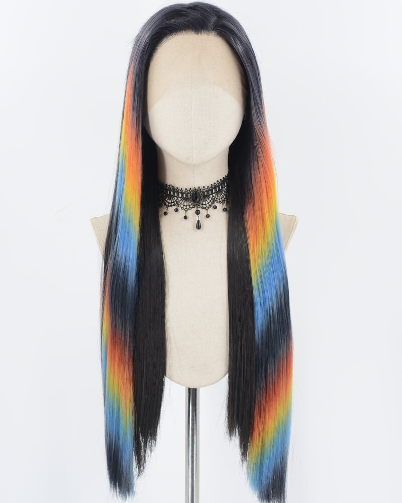 Black Ombre Rainbow Straight Synthetic Lace Front Wig WW729