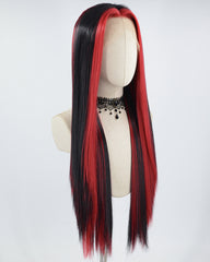 Black Skunk Stripe Red Long Straight Synthetic Lace Front Wig WW689