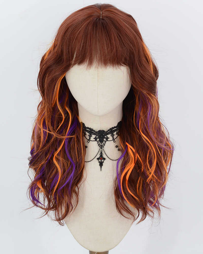 Red Brown Highlight Orange Purple Curly Synthetic Wig HW868 halloween wig