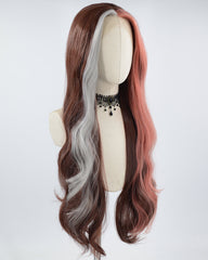 Grey Red Brown Long Wavy Synthetic Lace Front Wig WW675