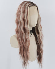 Wine Red Skunk Stripe Blonde Wavy Synthetic Lace Front Wig WW738
