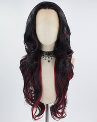Red Black Long Wavy Synthetic Lace Front Wig WW571
