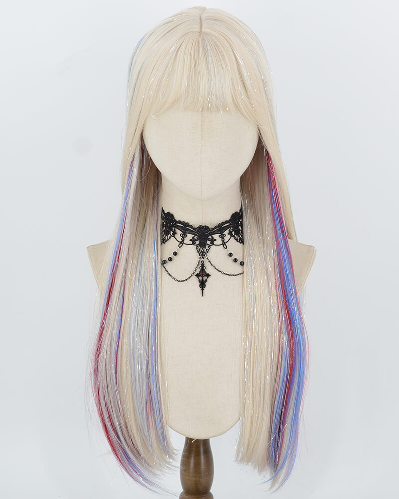 White Tinsel Blue Red Synthetic Wig HW869