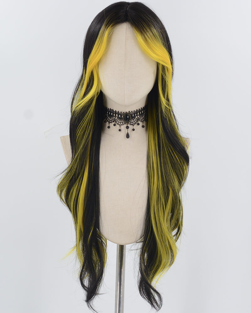 Yellow Black Long Wavy Synthetic Wig HW690