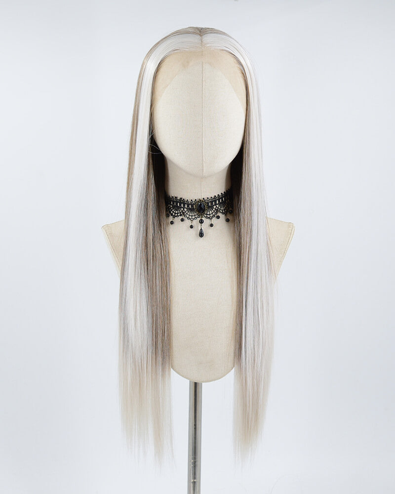 Grey Streaked Ombre Brown Straight Synthetic Lace Front Wig WW490