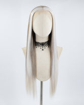 Grey Streaked Ombre Brown Straight Synthetic Lace Front Wig WW490