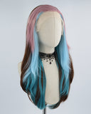 Pink Streaked Ombre Blue Brown Synthetic Lace Front Wig WW449