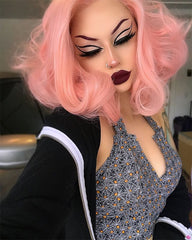Medium Length Pink Wavy Synthetic Lace Front Wig WW003