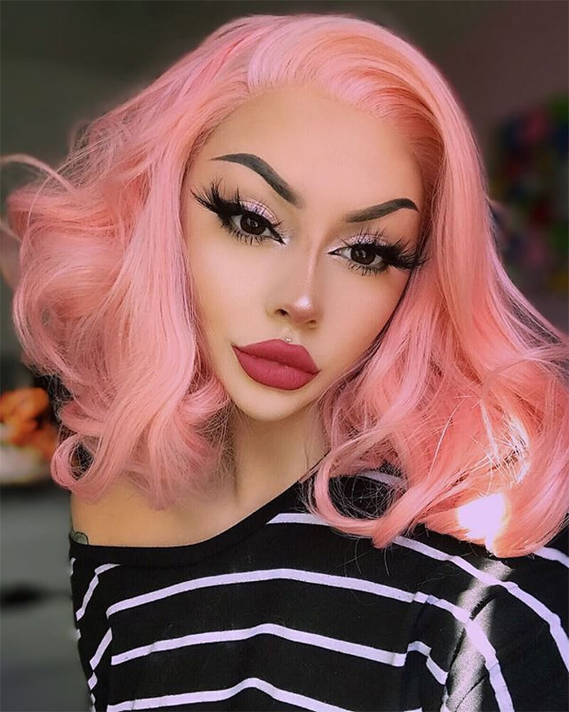 Medium Length Pink Wavy Synthetic Lace Front Wig WW003
