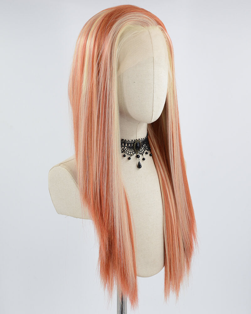 Blonde Streaked Cooper Red Synthetic Lace Front Wig WW499