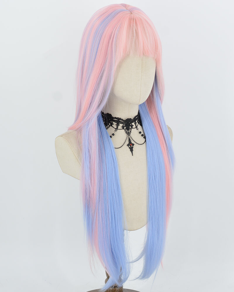 30Inch Long Pink Blue Synthetic Wig HW876