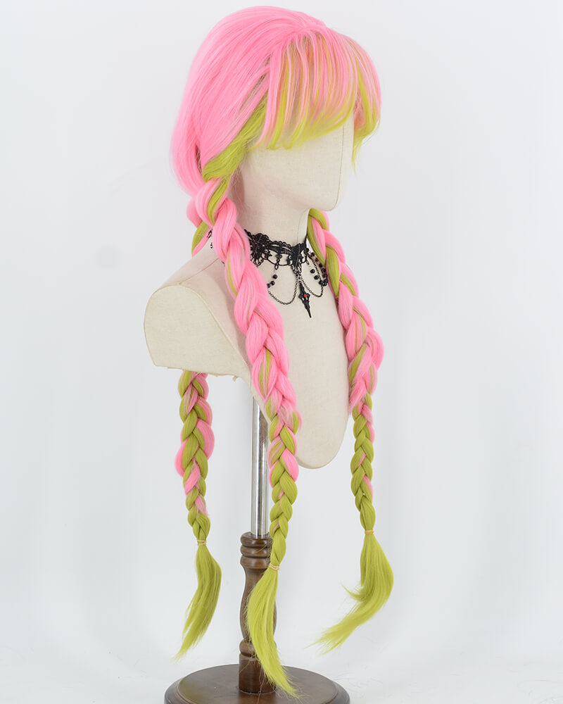 Mitsuri Kanroji Cosplay Pink Green Long Braided Synthetic Wig HW877 