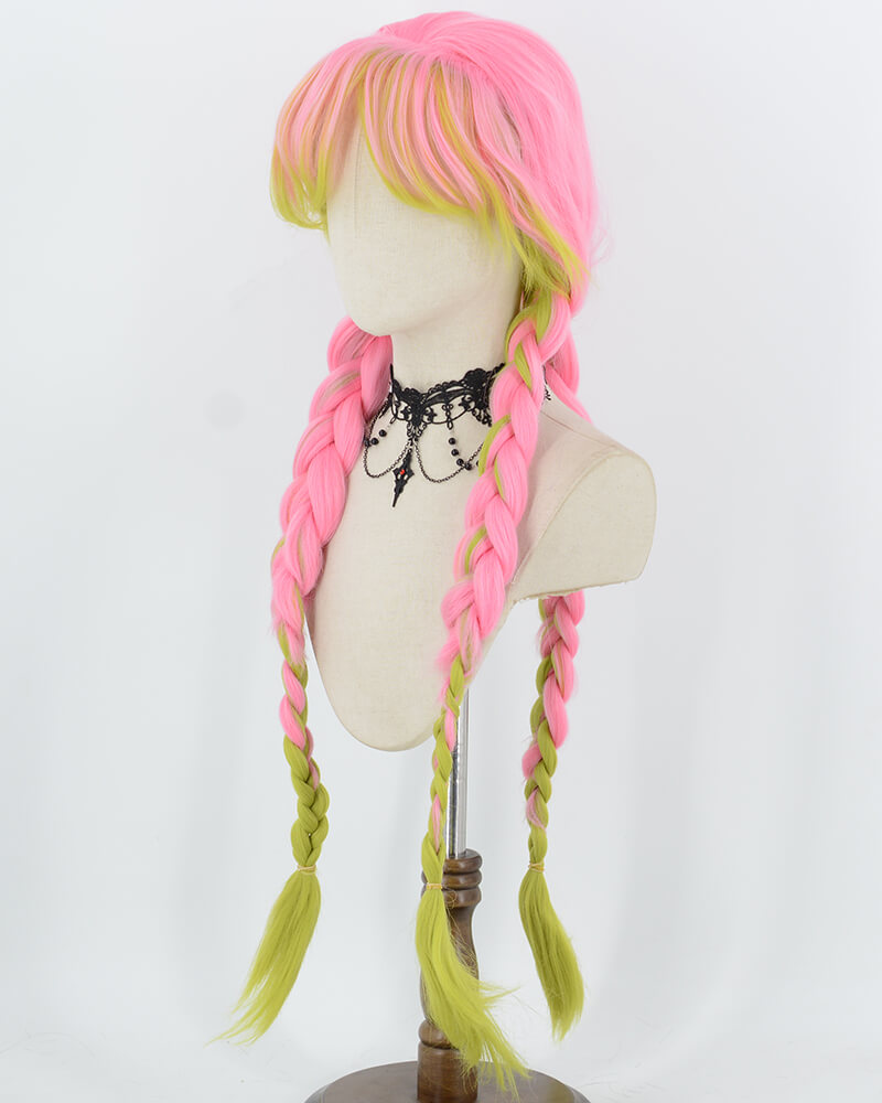 Mitsuri Kanroji Cosplay Pink Green Long Braided Synthetic Wig HW877 