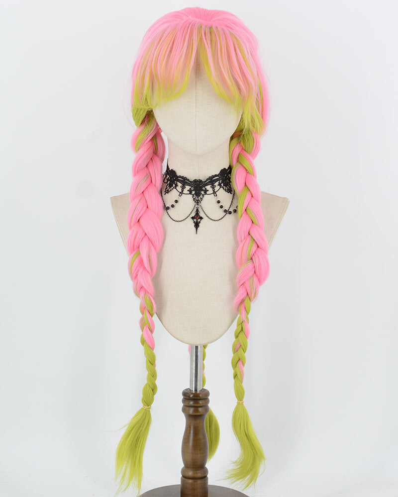 Mitsuri Kanroji Cosplay Pink Green Long Braided Synthetic Wig HW877 