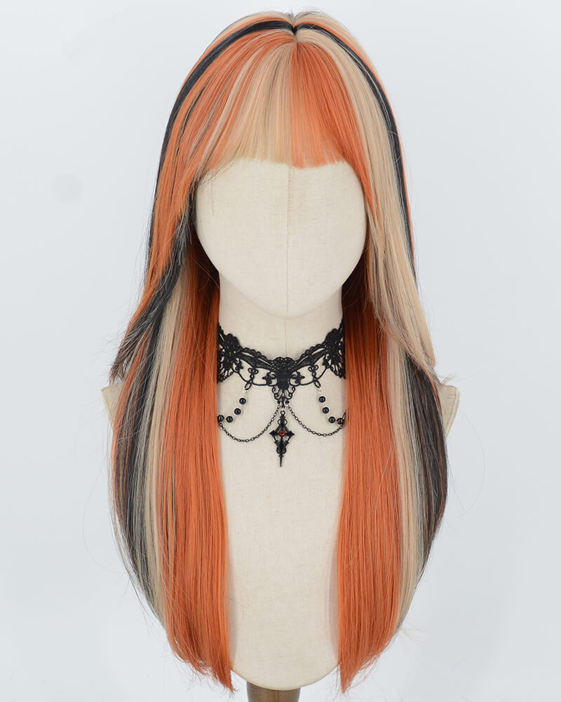 Orange Blonde Highlights Black Synthetic Wig HW844