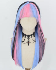 Pink Blue Highlights Black Synthetic Wig HW842