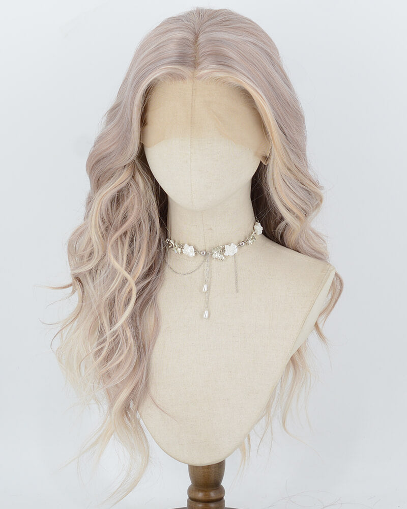 A long wavy wig with a center part, styled in soft pastel pink and light beige tones wig
