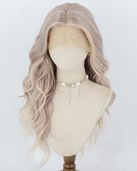 A long wavy wig with a center part, styled in soft pastel pink and light beige tones wig