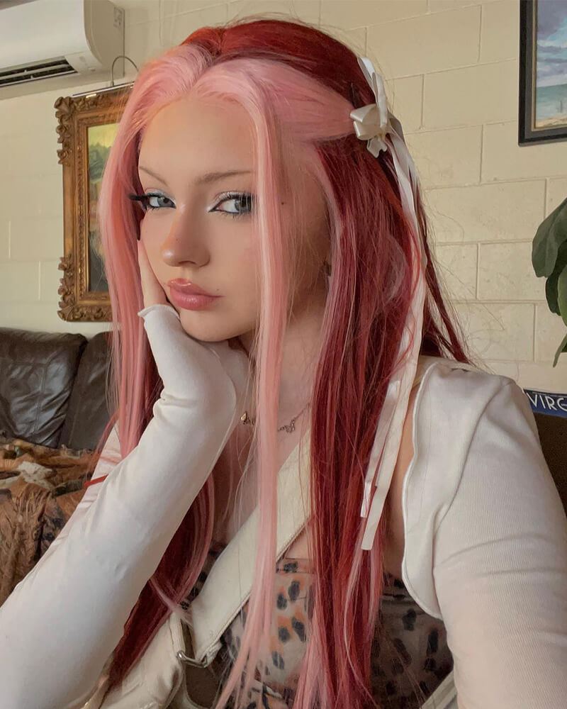 Pink Streaked Wine Red Synthetic Lace Front Wig WW470