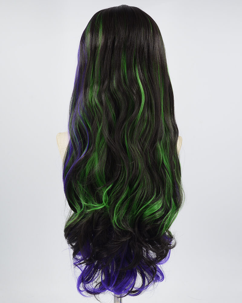 Green Purple Black Long Wavy Synthetic Lace Front Wig WW576