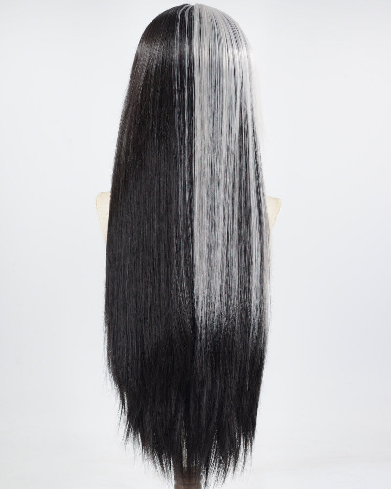 Grey Black Long Straight Synthetic Lace Front Wig WW674