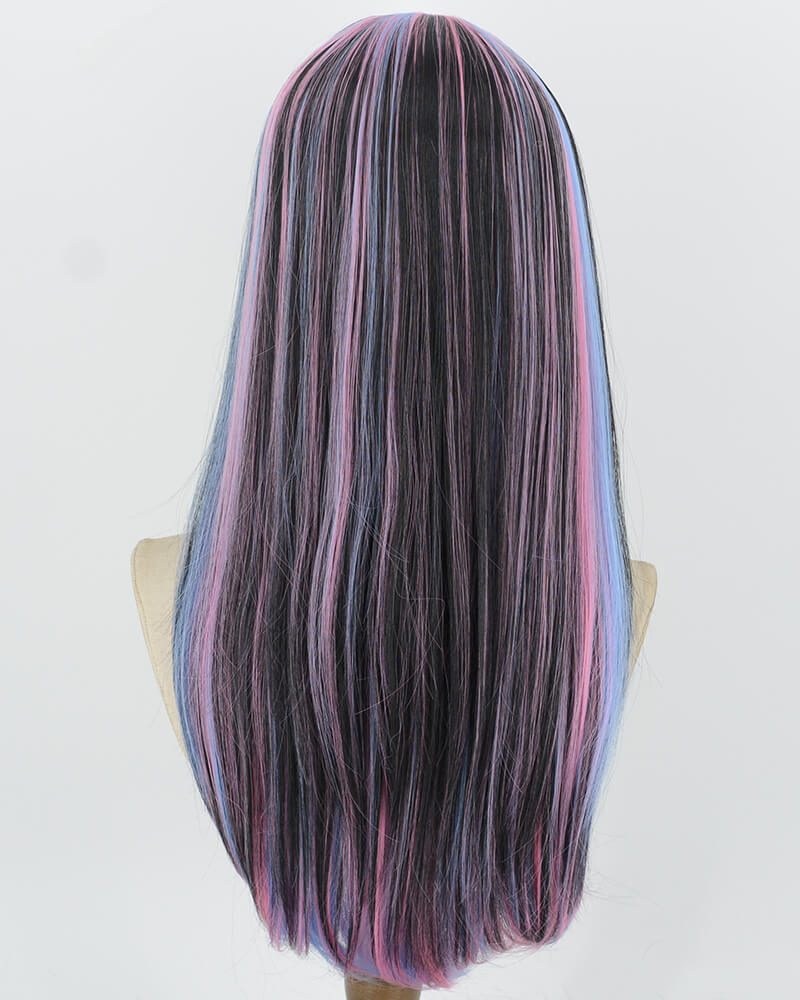 Pink Blue Highlights Black Synthetic Wig HW842