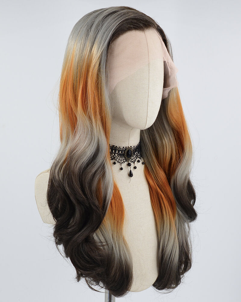 Ombre Grey Orange Black Synthetic Lace Front Wig WW600