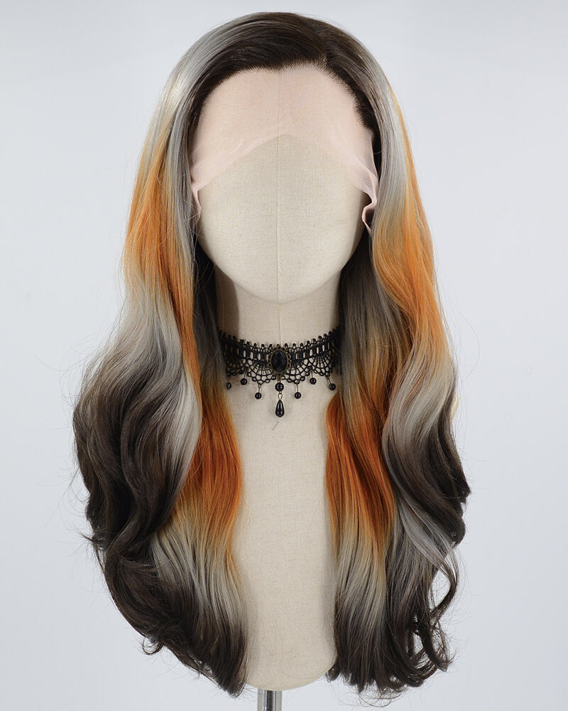Ombre Grey Orange Black Synthetic Lace Front Wig WW600
