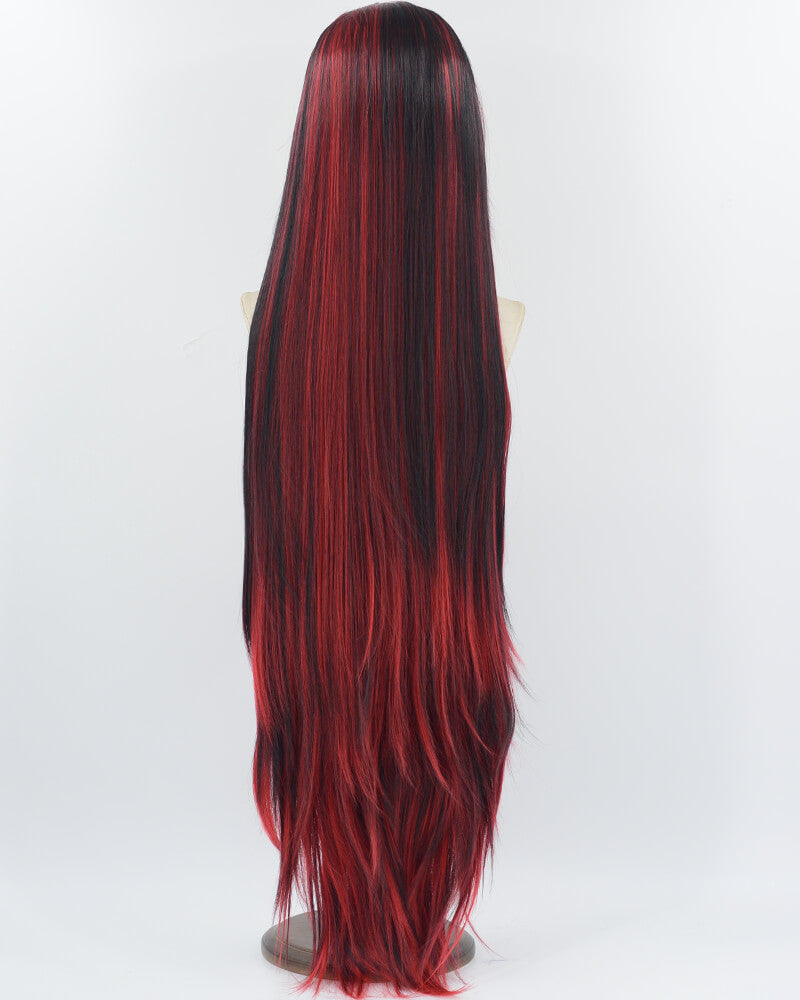 40Inch Long Red Black Straight Synthetic Lace Front Wig WW746