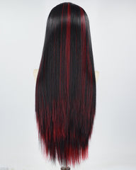 Black Skunk Stripe Red Long Straight Synthetic Lace Front Wig WW689